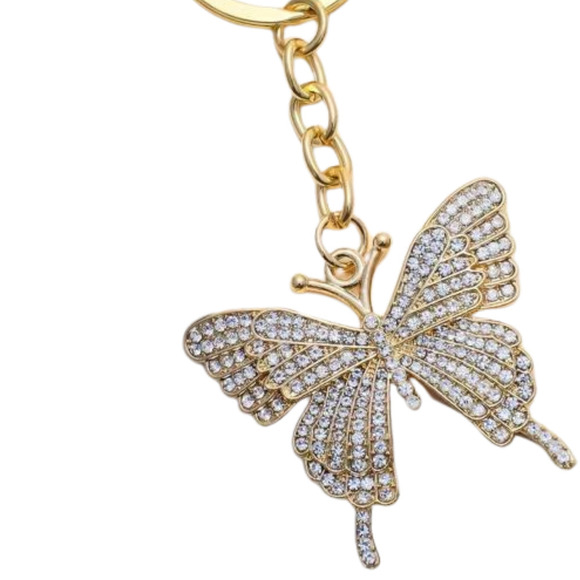 Rhinestone Butterfly Keychain Keyring Gold Link Butterfly Charm Pendant Keys - Picture 2 of 14